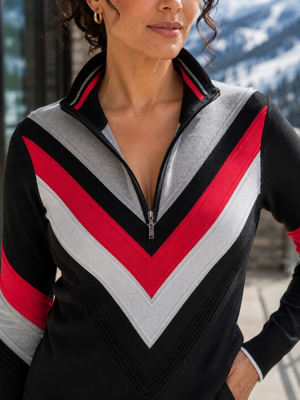 Krimson Klover Poppy Ski Sweater L Black Red Chevron Quarter Zip - Picture 5 of 11